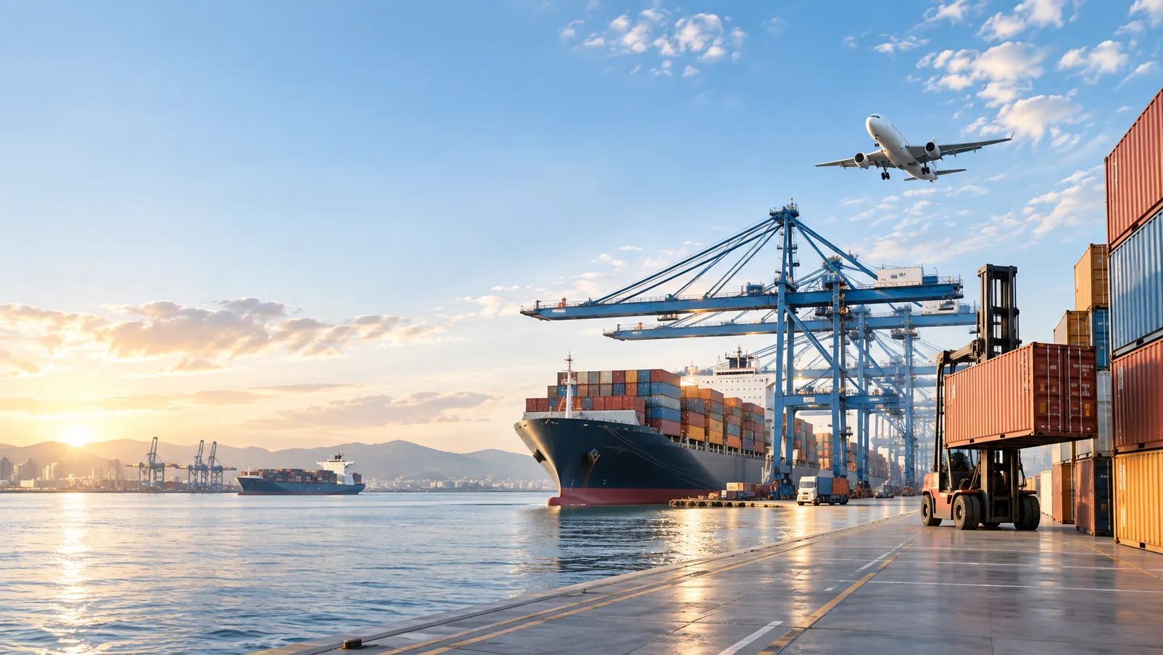 Operación logística multimodal con buque de contenedores, grúas de puerto y transporte aéreo