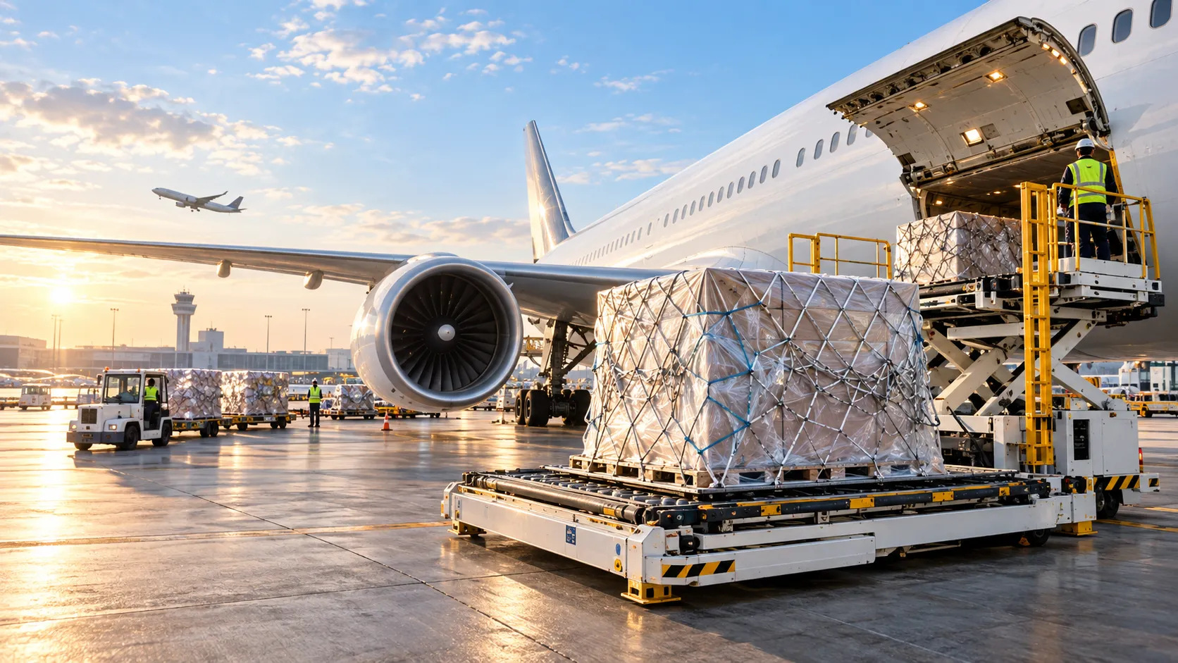 Operación de carga aérea dentro de un entorno logístico internacional.