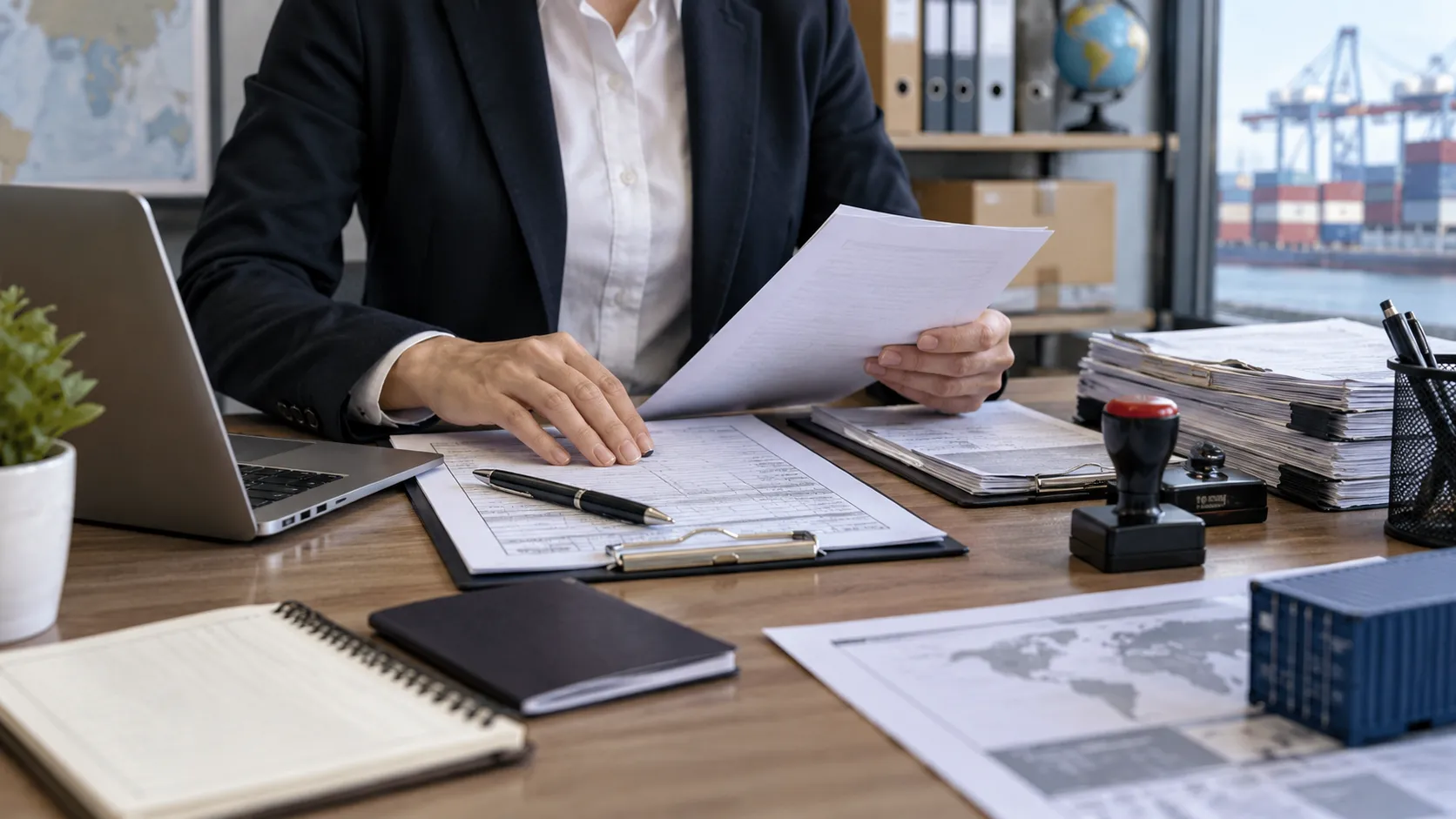 Mesa de trabajo con documentación y gestión administrativa.